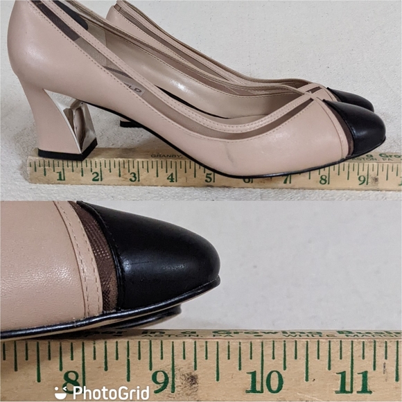 Karl Lagerfeld Sz 6.5 Pump Tan Black Colorblok Cut Out Mirror Chunky Block Heel - Picture 2 of 16